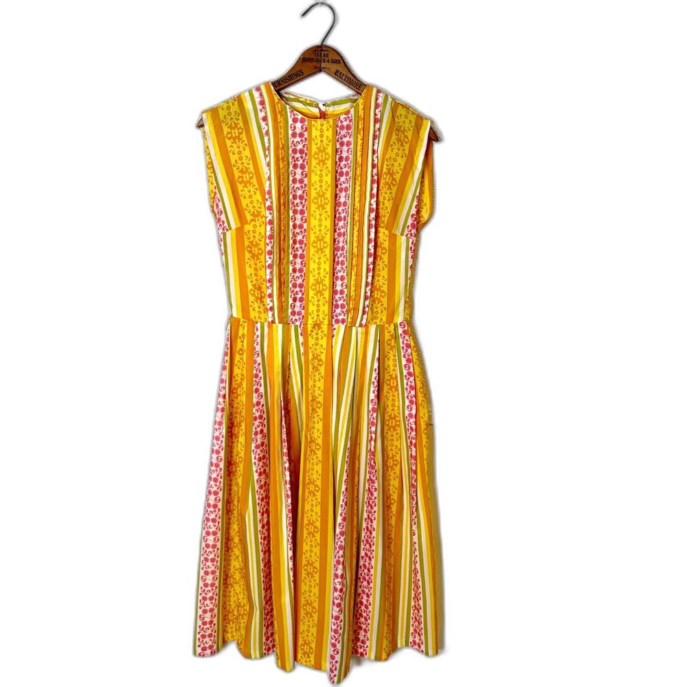 Vintage 60s/70s Floral Stripe Sleeveless Dress Yellow Pink Polyester Sz XS/S